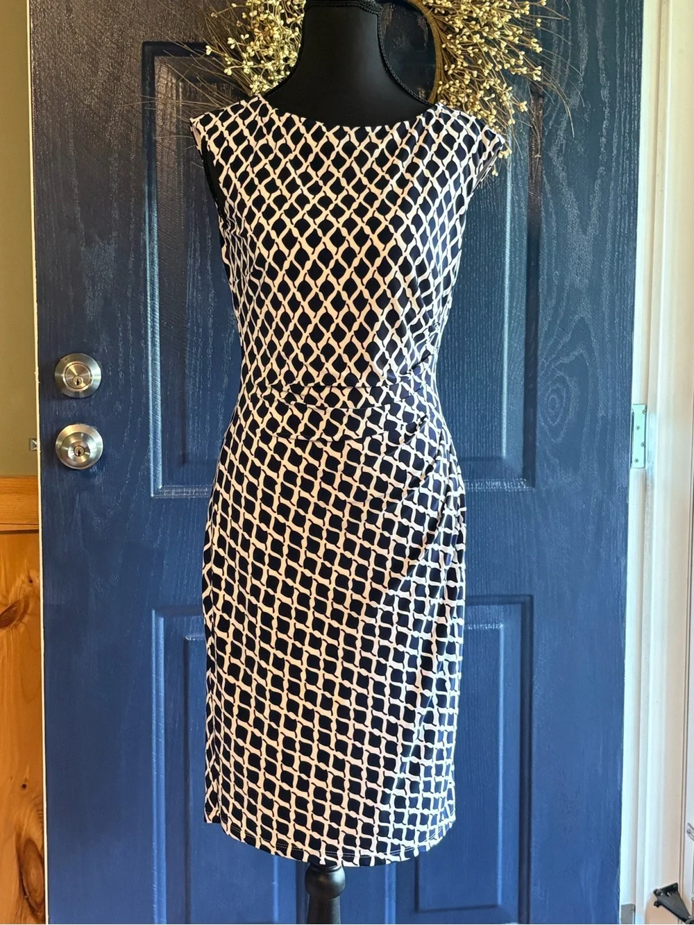 Ralph Lauren Navy and White Geometric Midi Sheath Dress